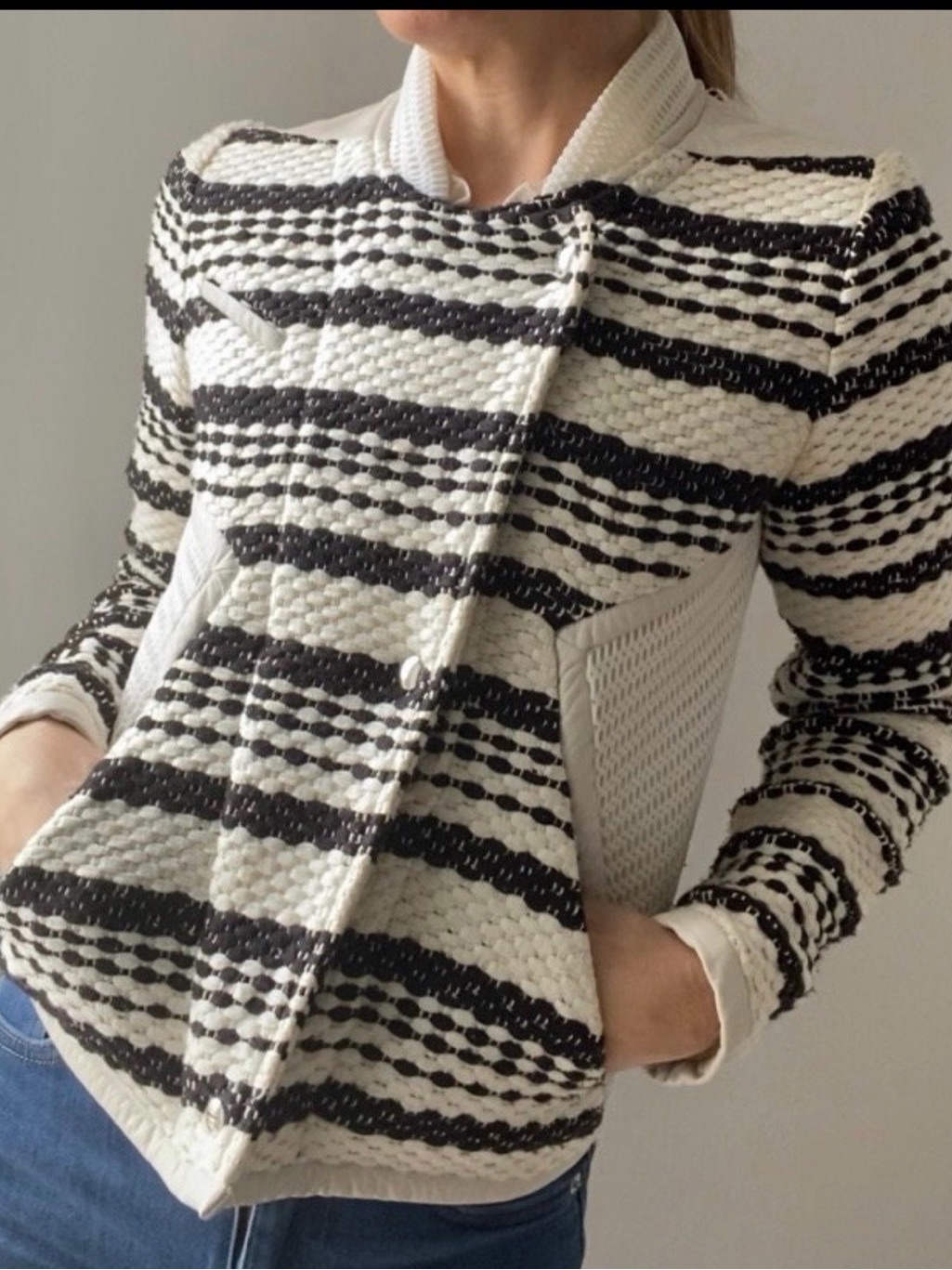 Iro Aubrano Knit And Lamb Leather Trim Moto Jacket In Off-White And Black